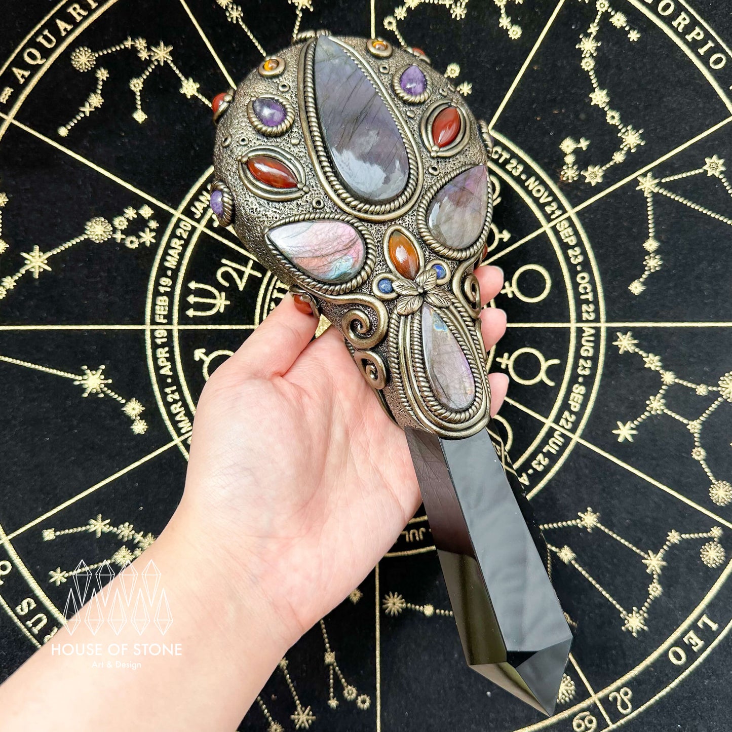 Handmade Natural Black Obsidian Mirror/Magic Obsidian Witch Wand/Crystal Quartz Wand/Scrying Mirror Wand/Root Chakra/Manifest Altar Tool