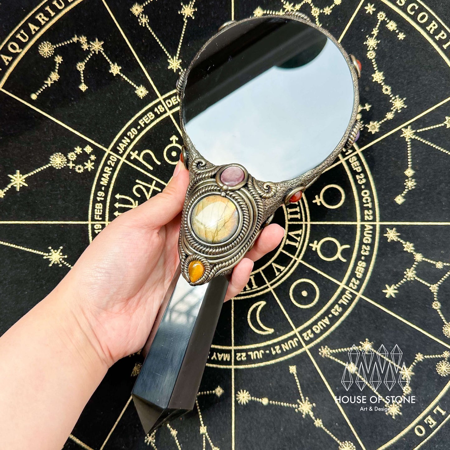 Handmade Natural Black Obsidian Mirror/Magic Obsidian Witch Wand/Crystal Quartz Wand/Scrying Mirror Wand/Root Chakra/Manifest Altar Tool