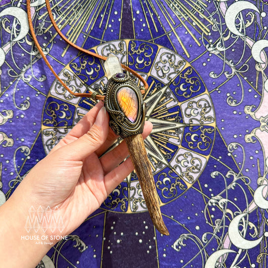 Handmade Natural Crystal Quartz Antler Pendant/Magic Crystal Necklace/Amethyst Labradorite Pendant/Root Chakra/Boho Necklace/Altar Tool