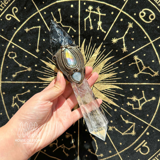 Natural Handmade Black Obsidian Arrowhead Wand/Magic Clear Quartz Witch Crystal Wand/Labradorite Wand/Chakra/Manifest Altar Tool