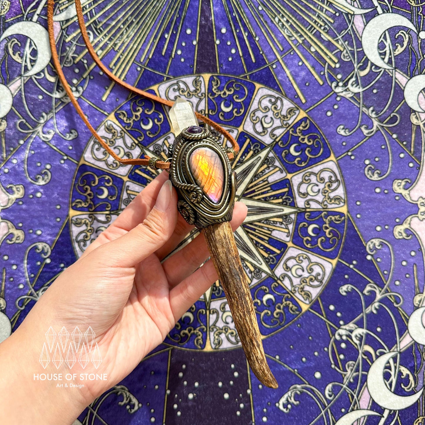 Handmade Natural Crystal Quartz Antler Pendant/Magic Crystal Necklace/Amethyst Labradorite Pendant/Root Chakra/Boho Necklace/Altar Tool