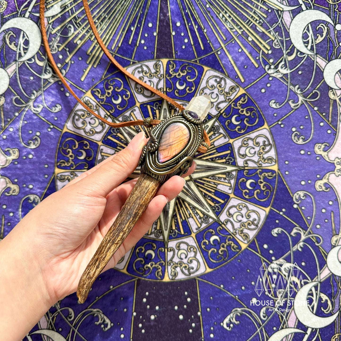 Handmade Natural Crystal Quartz Antler Pendant/Magic Crystal Necklace/Amethyst Labradorite Pendant/Root Chakra/Boho Necklace/Altar Tool