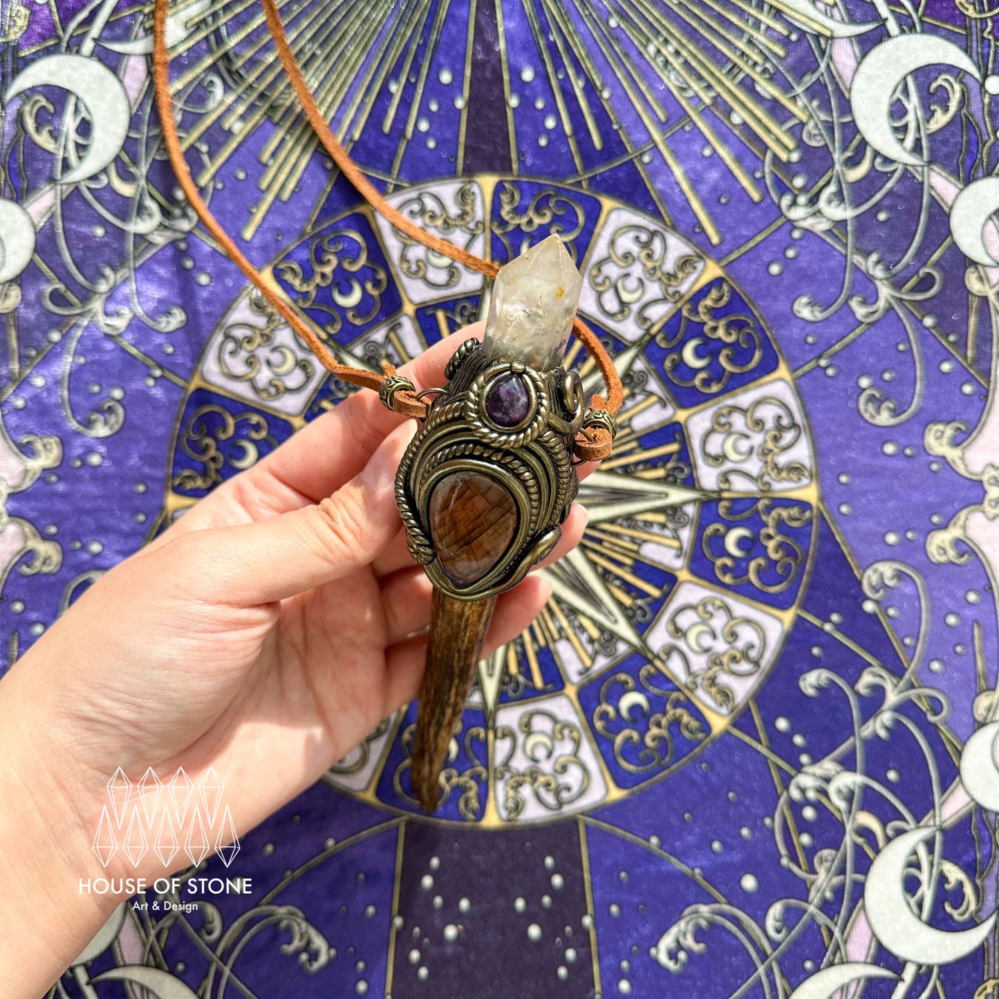 Handmade Natural Crystal Quartz Antler Pendant/Magic Crystal Necklace/Amethyst Labradorite Pendant/Root Chakra/Boho Necklace/Altar Tool