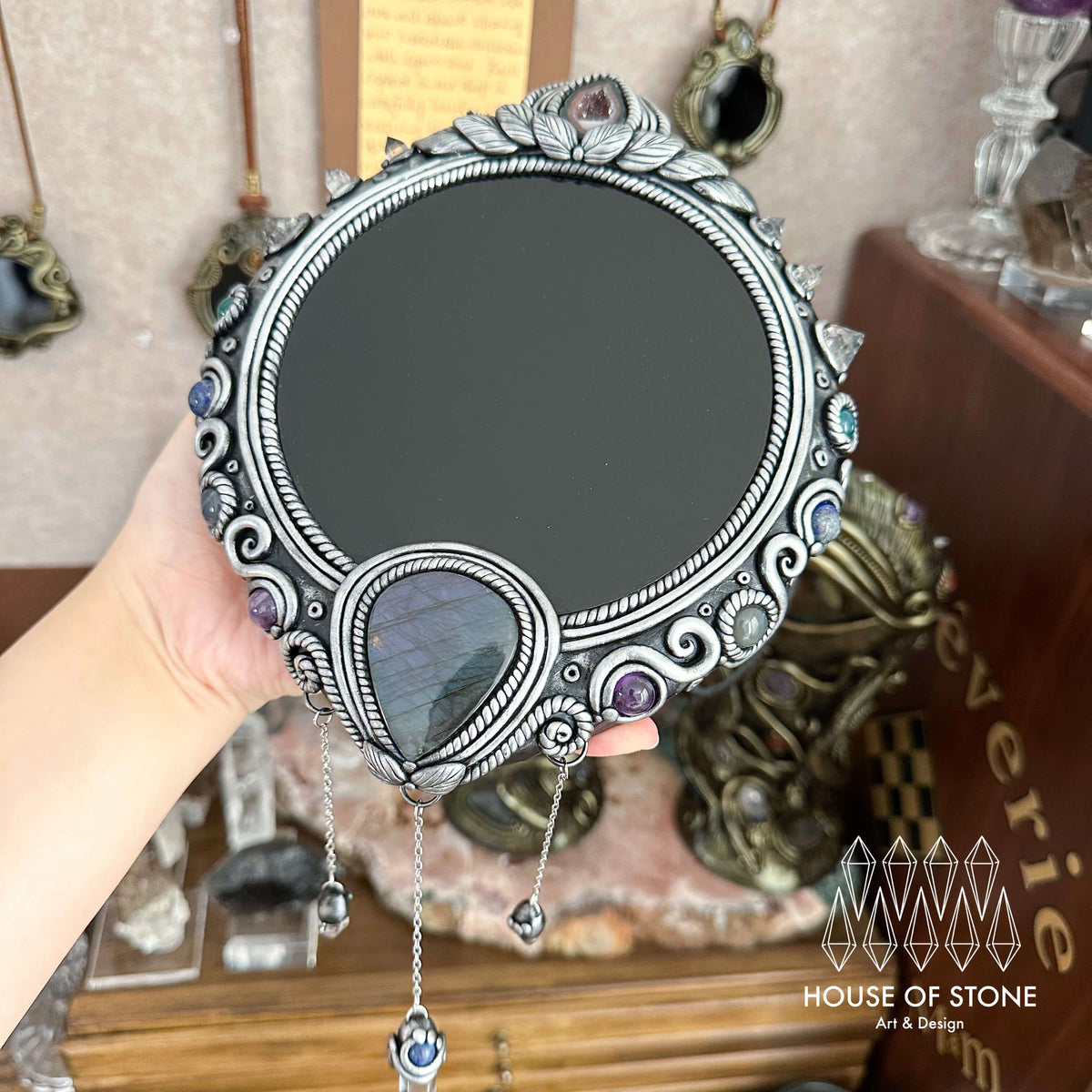 Handmade Natural Black Obsidian Crystal Wall Hanging Decor/Magic Large Obsidian Mirror Spiritual Window Interior Room Hangings/Scrying Mirror Door Hanging/Altar Tool