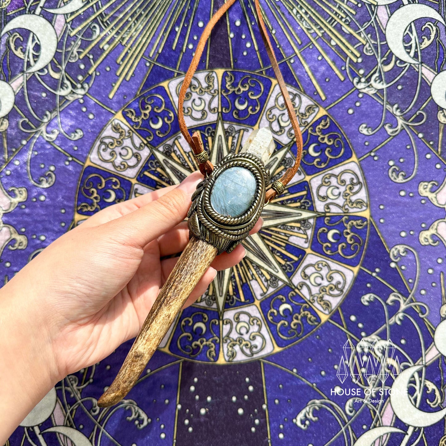 Handmade Natural Crystal Quartz Antler Pendant/Magic Crystal Necklace/Amethyst Labradorite Pendant/Root Chakra/Boho Necklace/Altar Tool