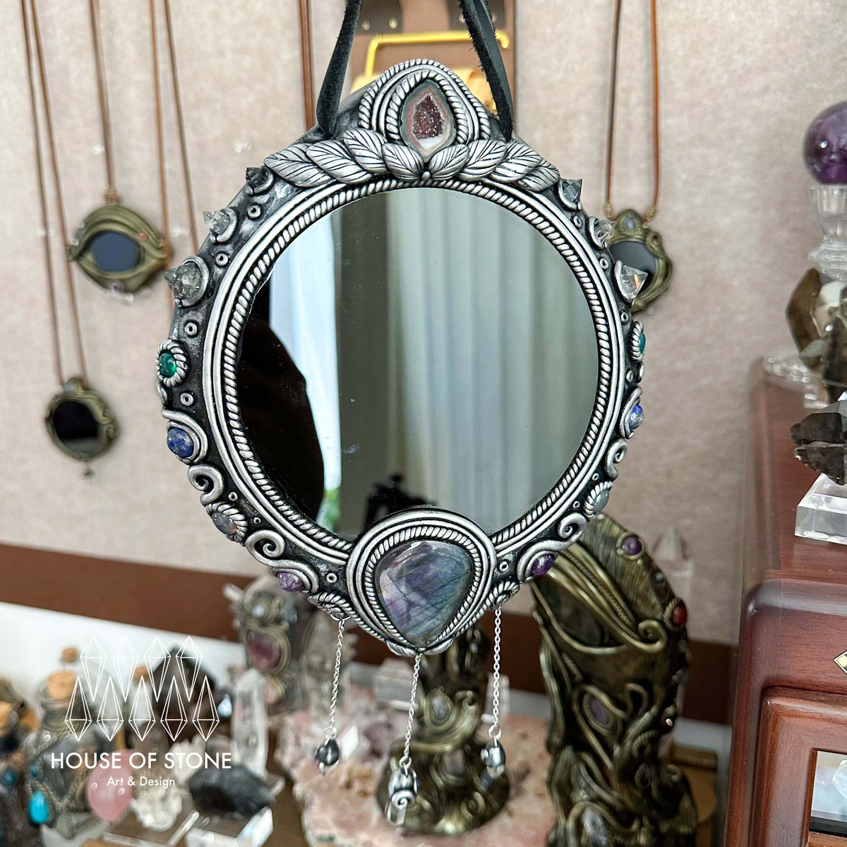 Handmade Natural Black Obsidian Crystal Wall Hanging Decor/Magic Large Obsidian Mirror Spiritual Window Interior Room Hangings/Scrying Mirror Door Hanging/Altar Tool