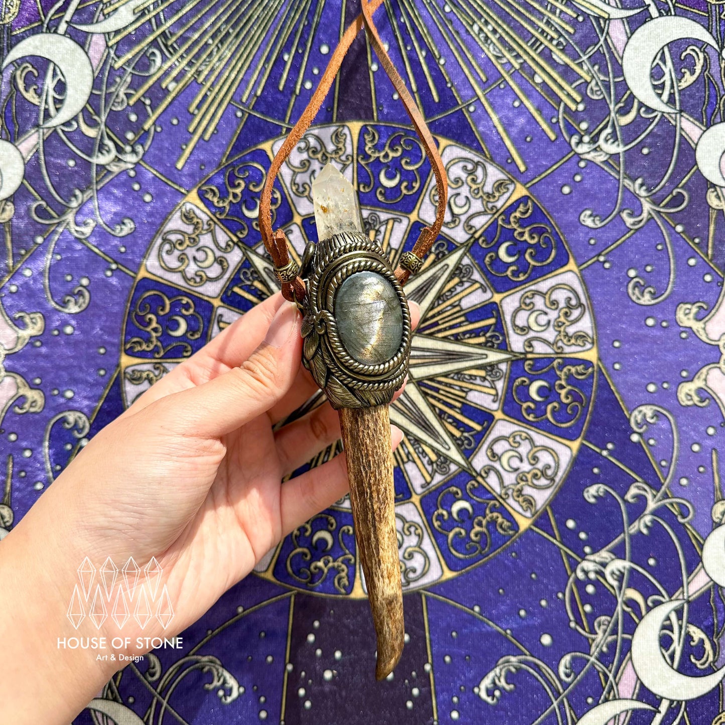 Handmade Natural Crystal Quartz Antler Pendant/Magic Crystal Necklace/Amethyst Labradorite Pendant/Root Chakra/Boho Necklace/Altar Tool