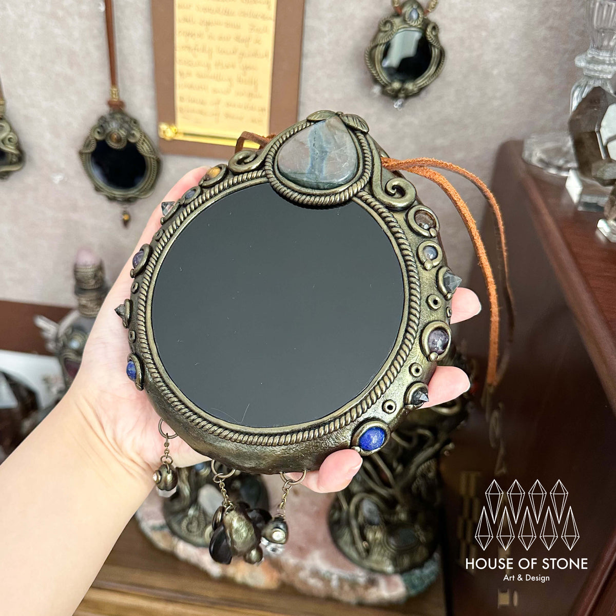 Handmade Natural Black Obsidian Crystal Wall Hanging Decor/Magic Obsidian Mirror Spiritual Window Interior Room Hangings/Scrying Mirror Door Hanging/Altar Tool