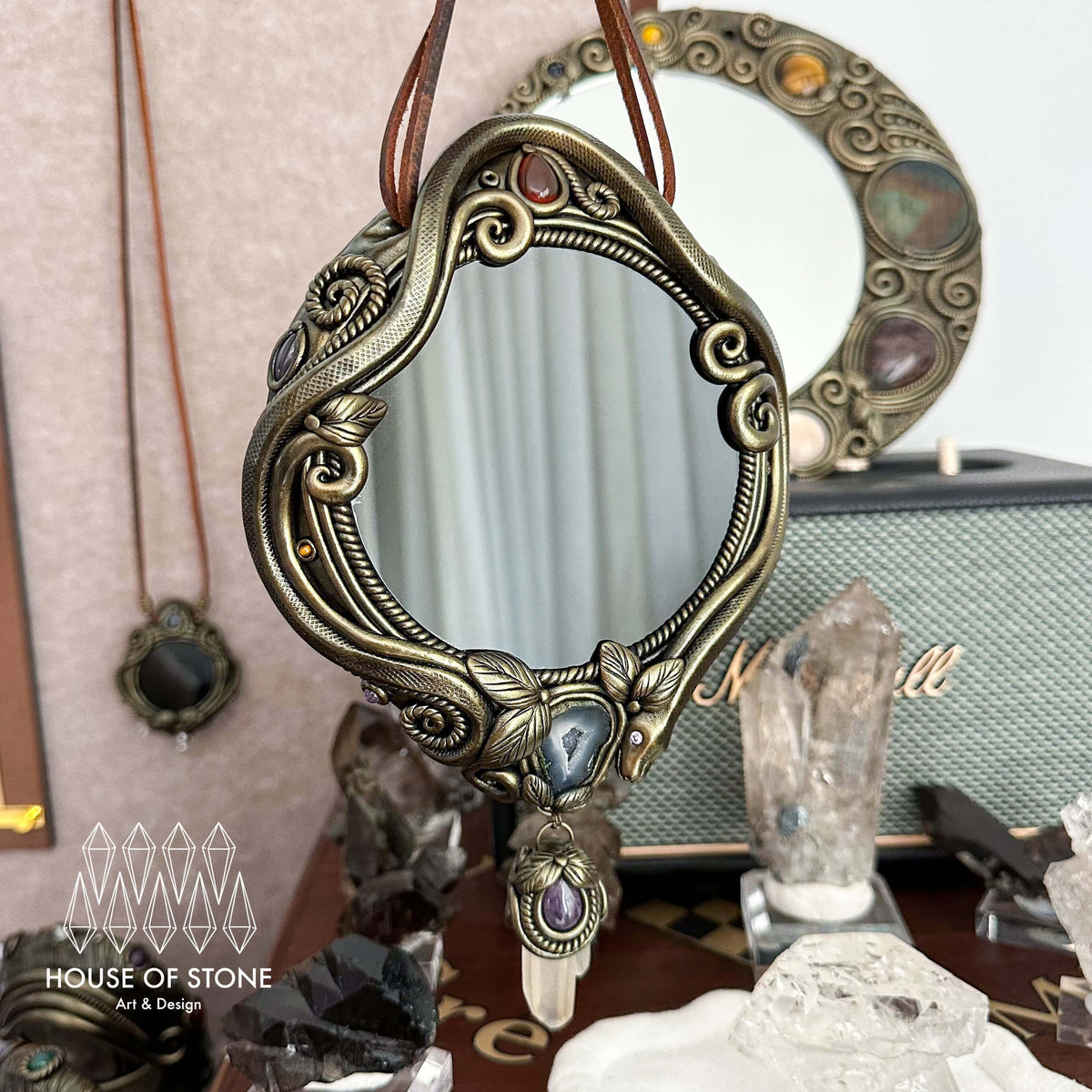 Handmade Natural Black Obsidian Crystal Wall Hanging Decor/Magic Obsidian Mirror Spiritual Window Interior Room Hangings/Scrying Mirror Door Hanging/Altar Tool