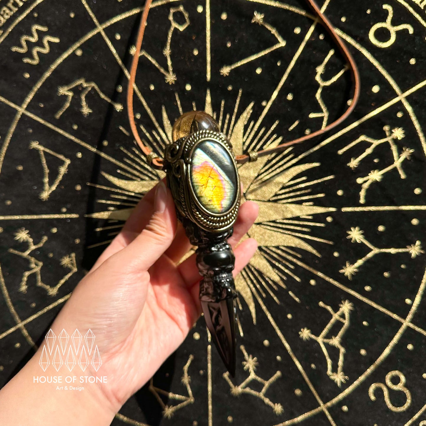 Handmade Natural Black Obsidian Pendant Necklace/Magic Smoky Quartz Crystal Pendant/Labradorite Protection Jewelry/Chakra/Altar Tool
