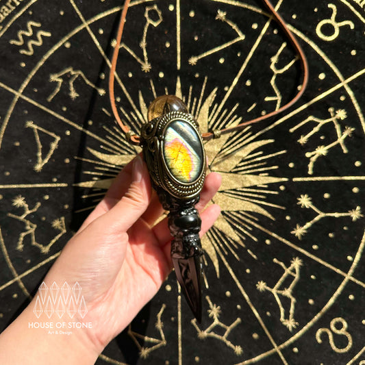 Handmade Natural Black Obsidian Pendant Necklace/Magic Smoky Quartz Crystal Pendant/Labradorite Protection Jewelry/Chakra/Altar Tool