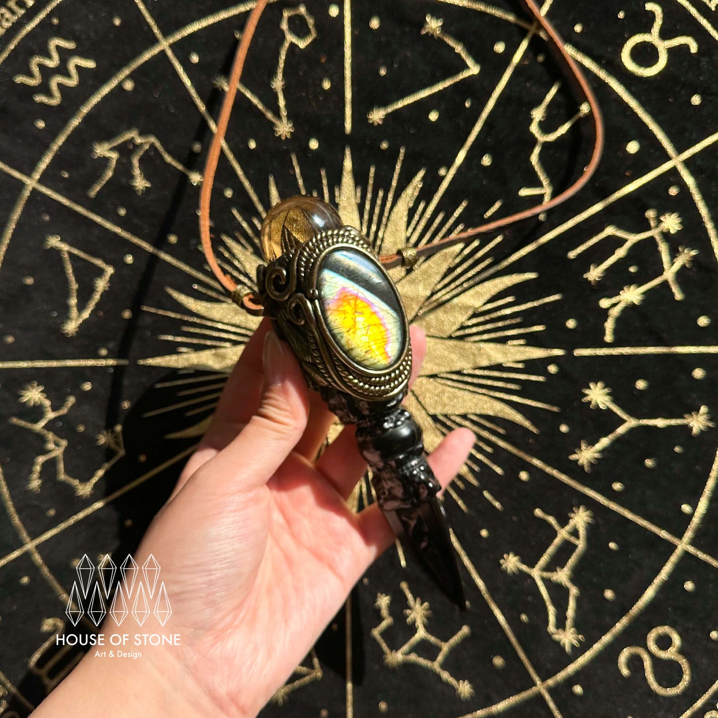 Handmade Natural Black Obsidian Pendant Necklace/Magic Smoky Quartz Crystal Pendant/Labradorite Protection Jewelry/Chakra/Altar Tool