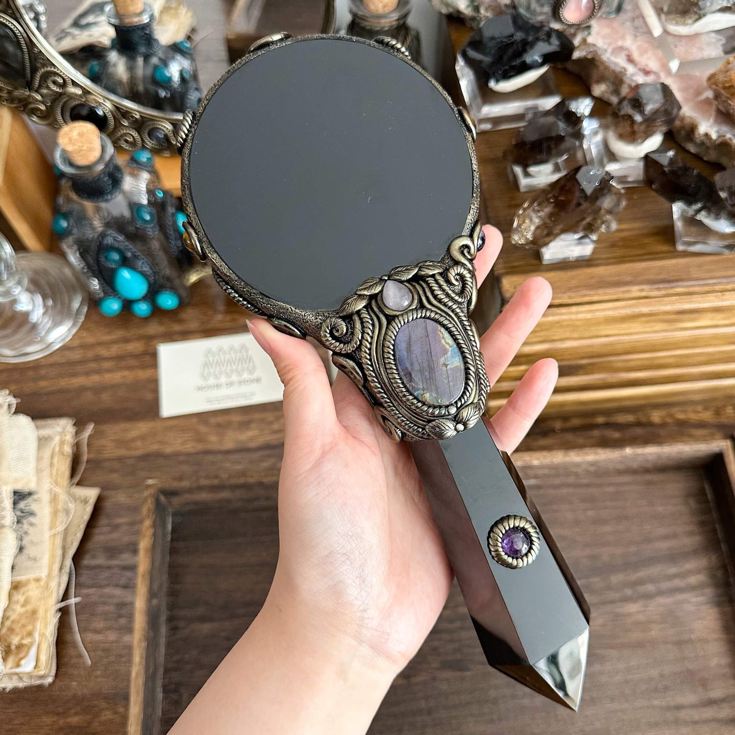 Handmade Natural Black Obsidian Mirror/Magic Obsidian Witch Wand/Crystal Quartz Wand/Scrying Mirror Wand/Root Chakra/Manifest Altar Tool
