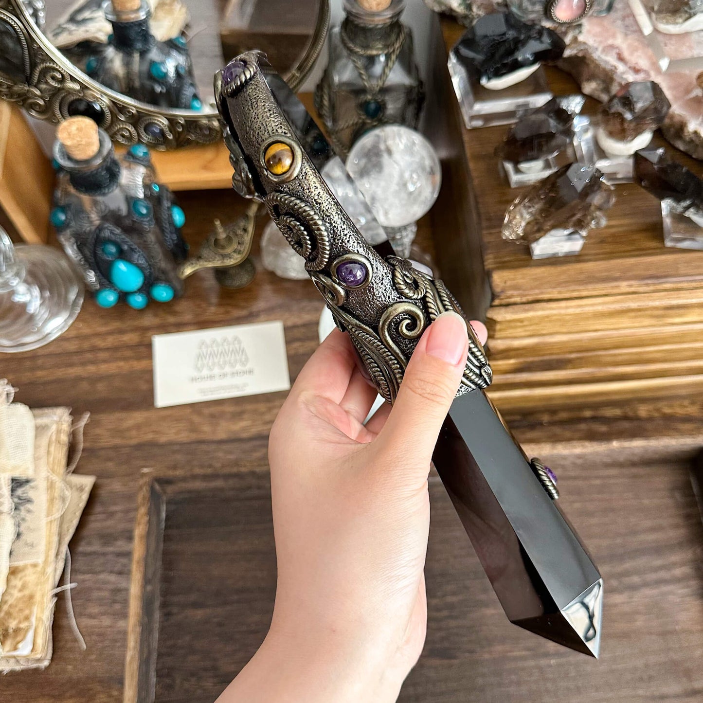 Handmade Natural Black Obsidian Mirror/Magic Obsidian Witch Wand/Crystal Quartz Wand/Scrying Mirror Wand/Root Chakra/Manifest Altar Tool