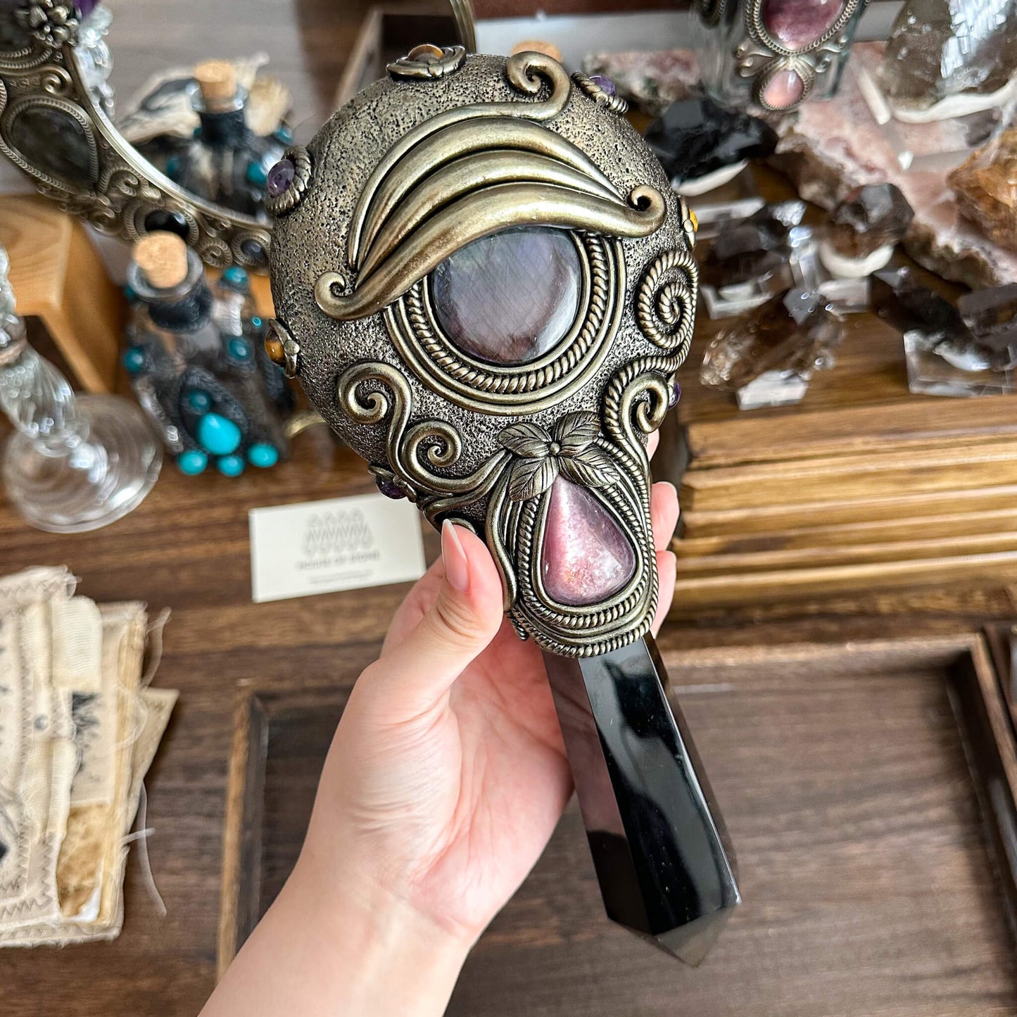 Handmade Natural Black Obsidian Mirror/Magic Obsidian Witch Wand/Crystal Quartz Wand/Scrying Mirror Wand/Root Chakra/Manifest Altar Tool