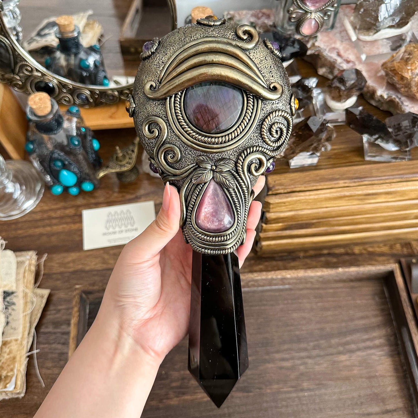 Handmade Natural Black Obsidian Mirror/Magic Obsidian Witch Wand/Crystal Quartz Wand/Scrying Mirror Wand/Root Chakra/Manifest Altar Tool