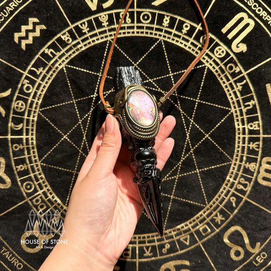 Handmade Natural Black Obsidian Pendant Necklace/Magic Black Tourmaline Crystal Pendant/Labradorite Protection Jewelry/Chakra/Altar Tool