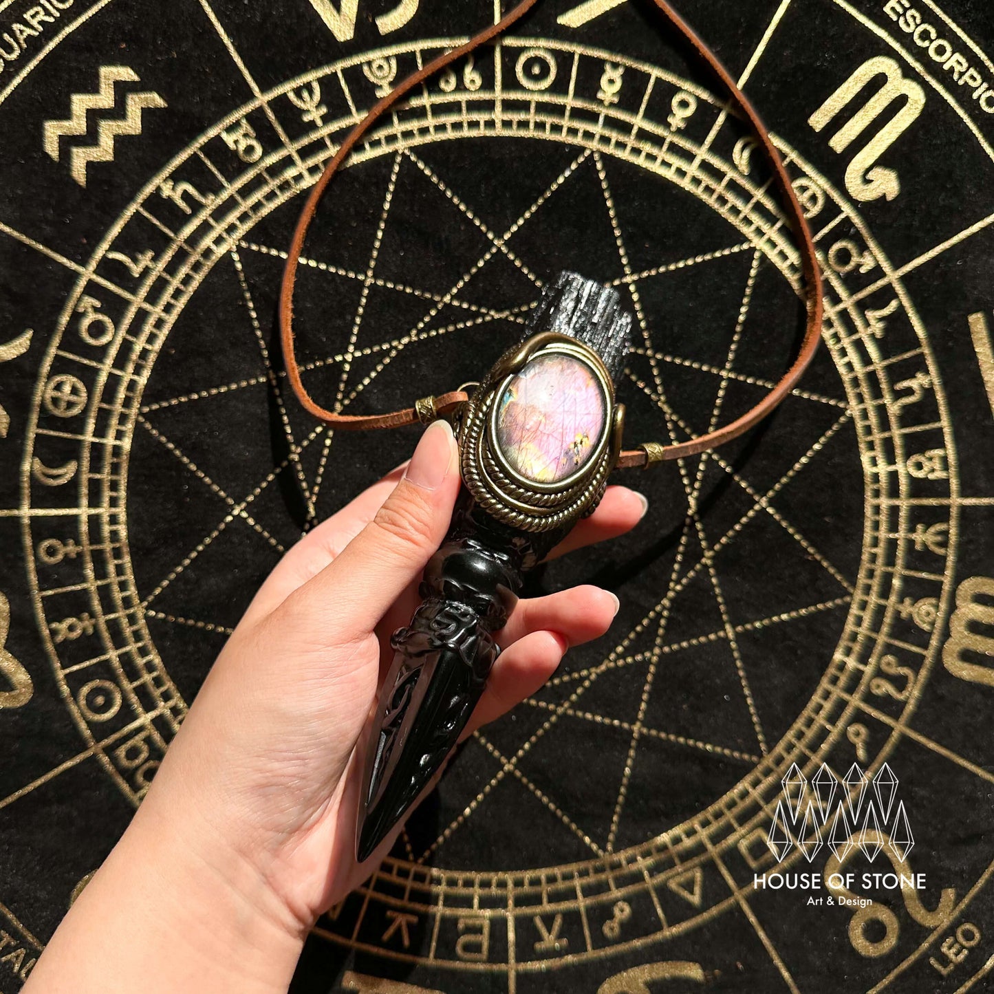 Handmade Natural Black Obsidian Pendant Necklace/Magic Black Tourmaline Crystal Pendant/Labradorite Protection Jewelry/Chakra/Altar Tool