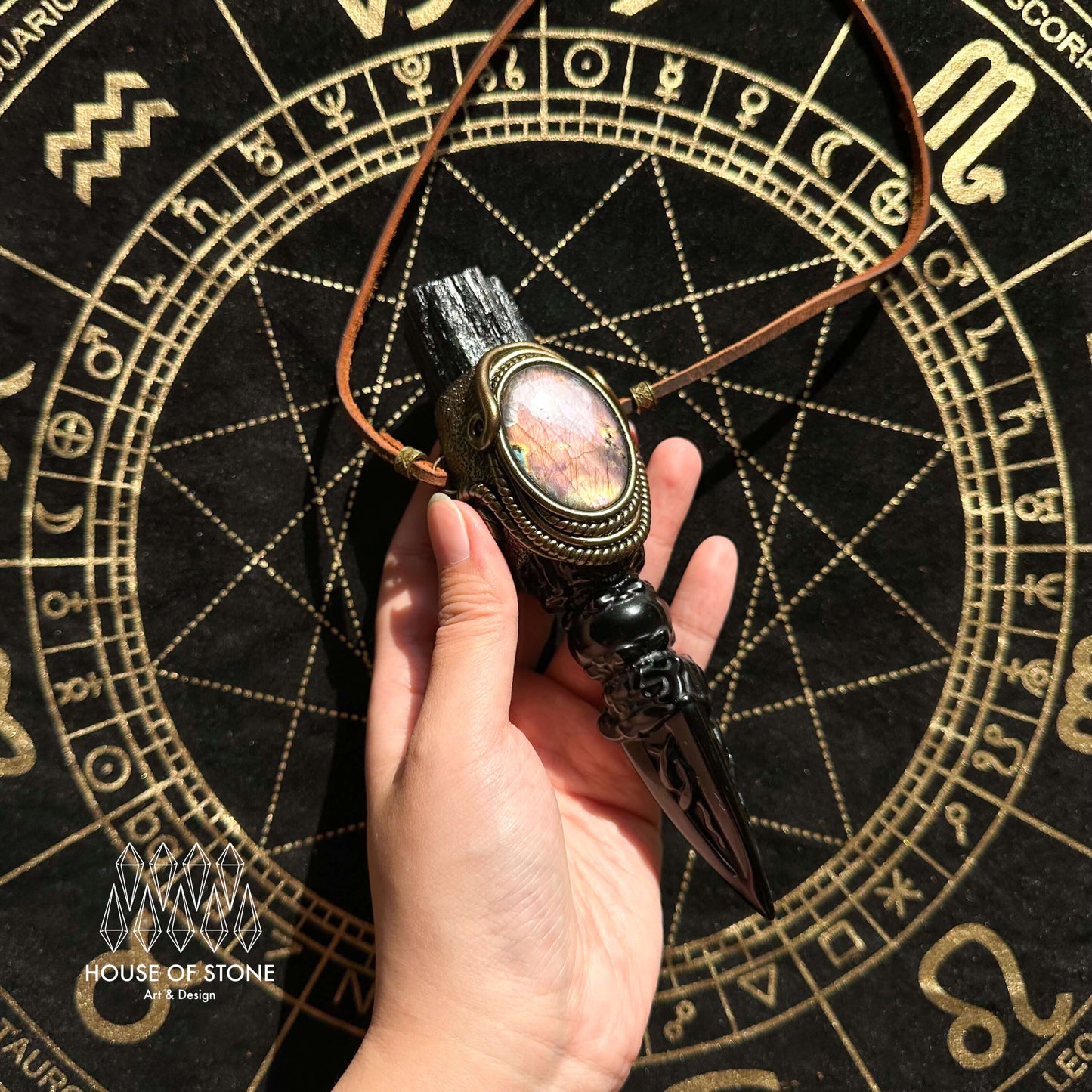 Handmade Natural Black Obsidian Pendant Necklace/Magic Black Tourmaline Crystal Pendant/Labradorite Protection Jewelry/Chakra/Altar Tool