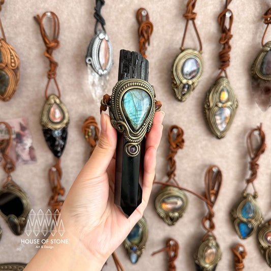 Handmade Natural Black Obsidian Pendant Necklace/Magic Black Tourmaline Crystal Pendant/Labradorite Protection Jewelry/Chakra/Altar Tool