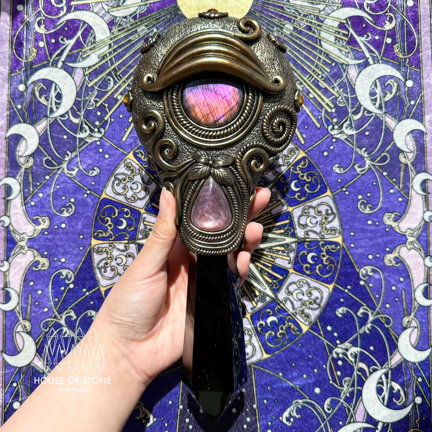 Handmade Natural Black Obsidian Mirror/Magic Obsidian Witch Wand/Crystal Quartz Wand/Scrying Mirror Wand/Root Chakra/Manifest Altar Tool