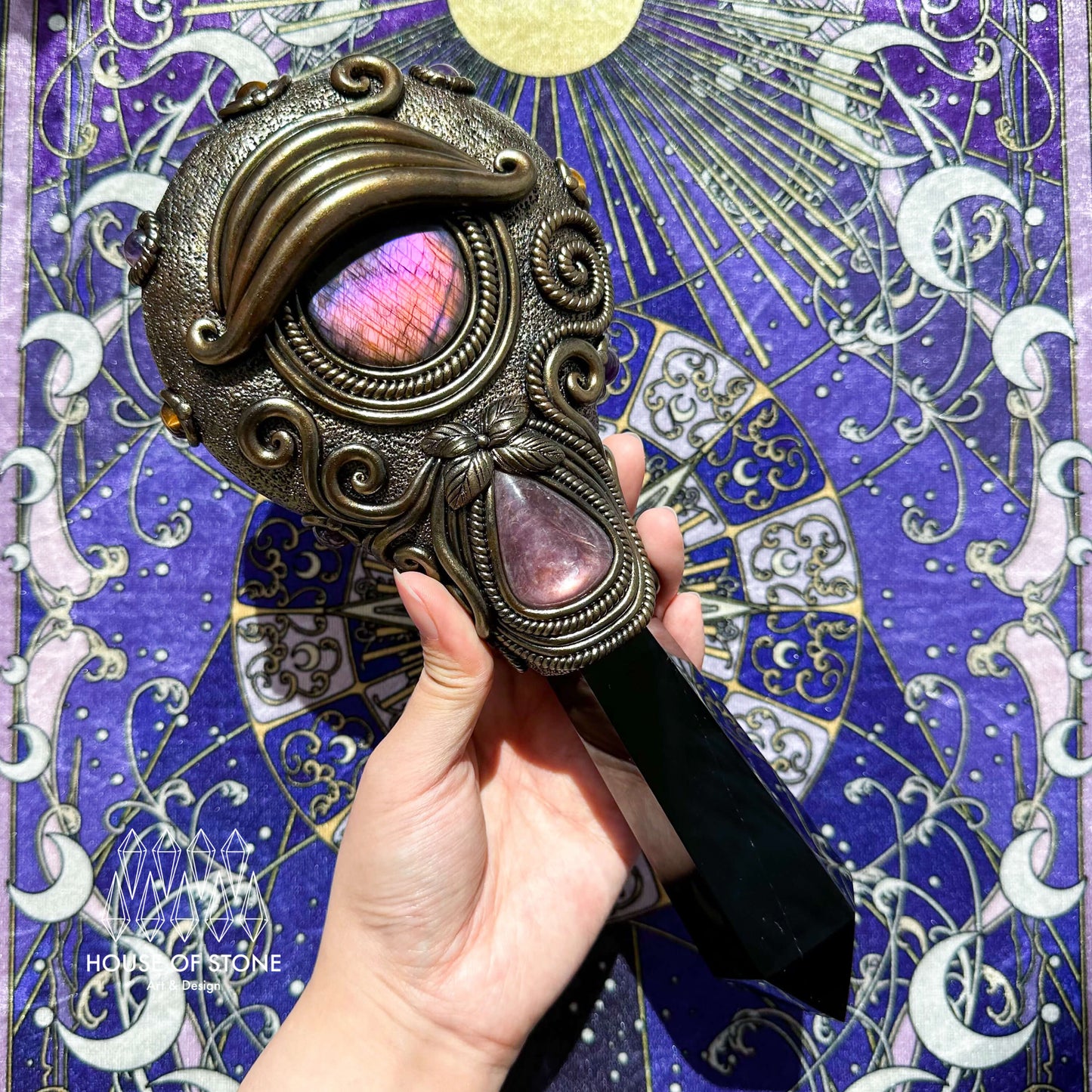 Handmade Natural Black Obsidian Mirror/Magic Obsidian Witch Wand/Crystal Quartz Wand/Scrying Mirror Wand/Root Chakra/Manifest Altar Tool