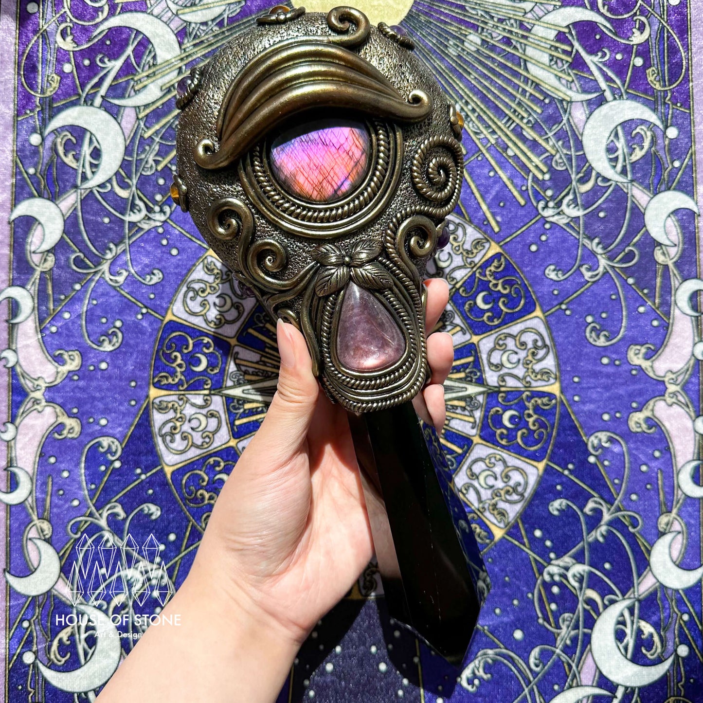 Handmade Natural Black Obsidian Mirror/Magic Obsidian Witch Wand/Crystal Quartz Wand/Scrying Mirror Wand/Root Chakra/Manifest Altar Tool