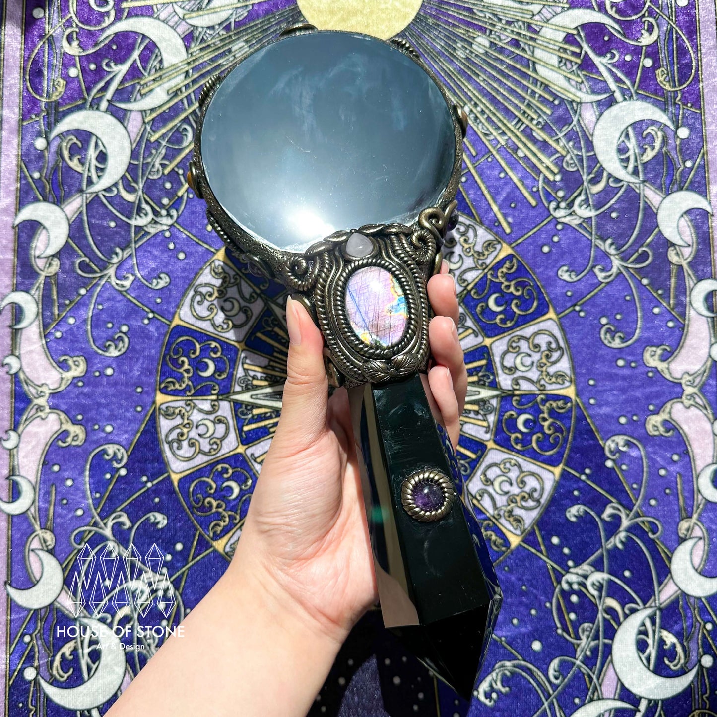 Handmade Natural Black Obsidian Mirror/Magic Obsidian Witch Wand/Crystal Quartz Wand/Scrying Mirror Wand/Root Chakra/Manifest Altar Tool