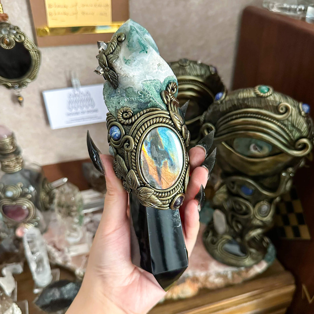 Handmade Natural Moss Agate Crystal Wand/Magic Witch Crystal Wand/Obsidian Labradorite Handle/Chakra/Manifest Altar Tool