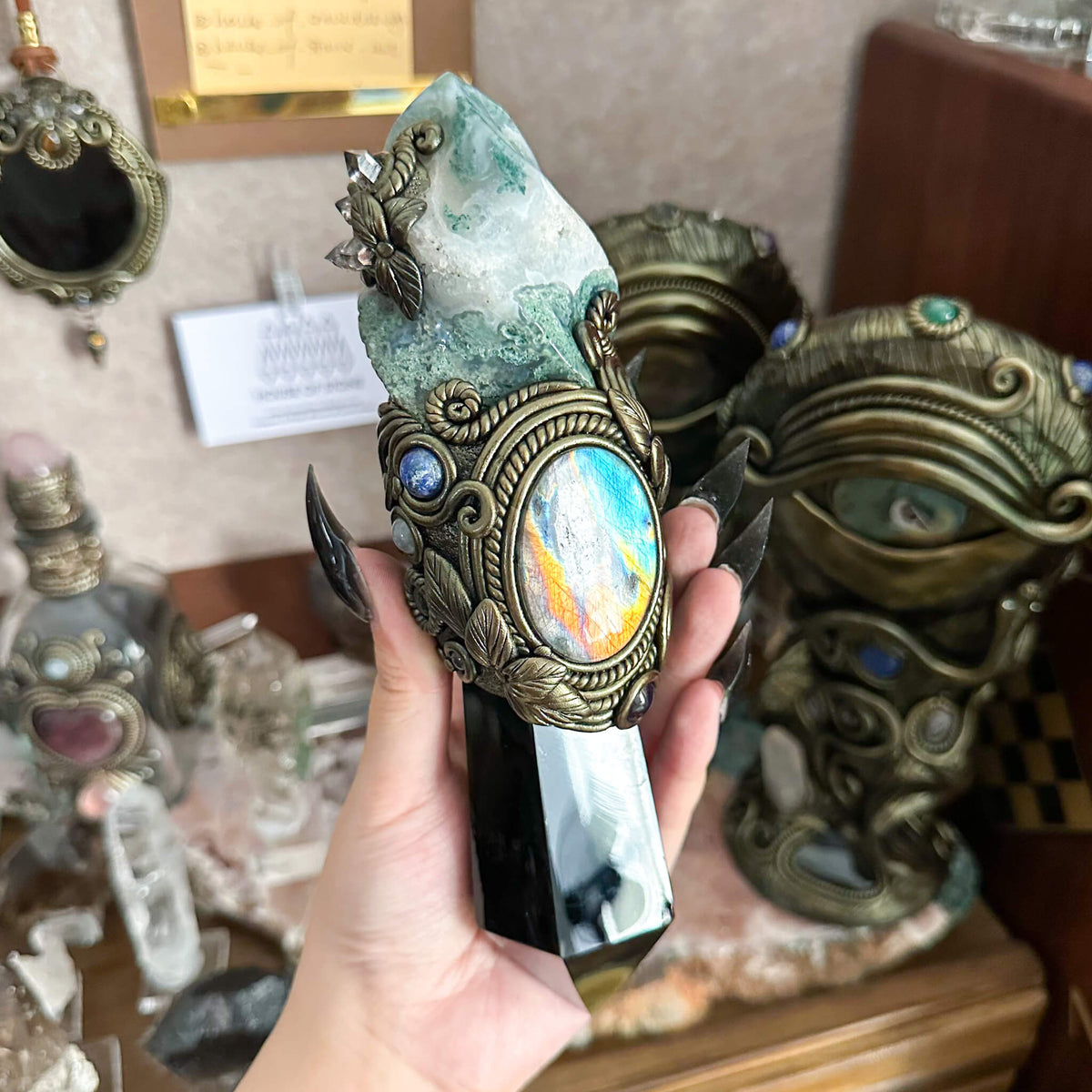Handmade Natural Moss Agate Crystal Wand/Magic Witch Crystal Wand/Obsidian Labradorite Handle/Chakra/Manifest Altar Tool