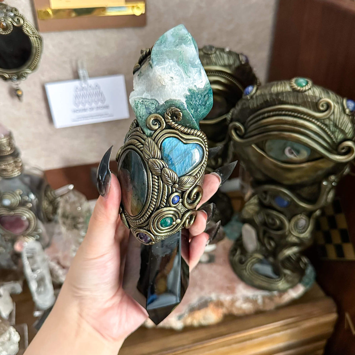 Handmade Natural Moss Agate Crystal Wand/Magic Witch Crystal Wand/Obsidian Labradorite Handle/Chakra/Manifest Altar Tool