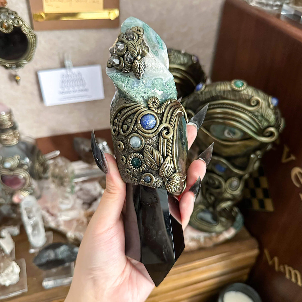 Handmade Natural Moss Agate Crystal Wand/Magic Witch Crystal Wand/Obsidian Labradorite Handle/Chakra/Manifest Altar Tool