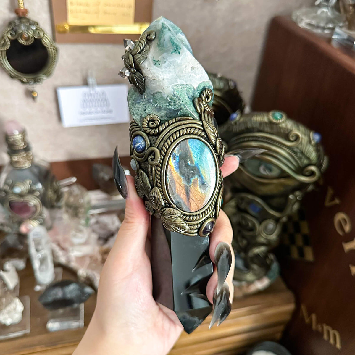 Handmade Natural Moss Agate Crystal Wand/Magic Witch Crystal Wand/Obsidian Labradorite Handle/Chakra/Manifest Altar Tool