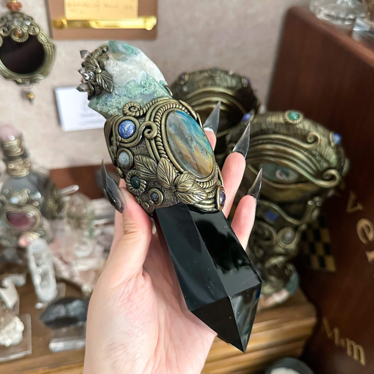 Handmade Natural Moss Agate Crystal Wand/Magic Witch Crystal Wand/Obsidian Labradorite Handle/Chakra/Manifest Altar Tool