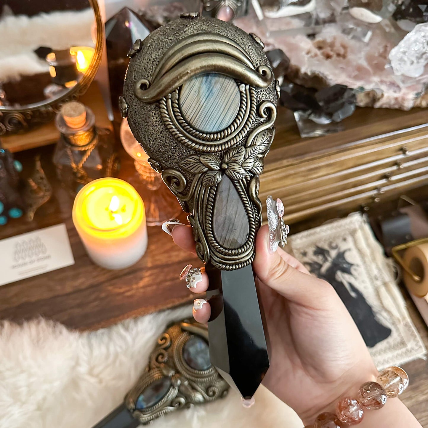 Handmade Natural Black Obsidian Mirror/Magic Obsidian Witch Wand/Crystal Quartz Wand/Scrying Mirror Wand/Root Chakra/Manifest Altar Tool