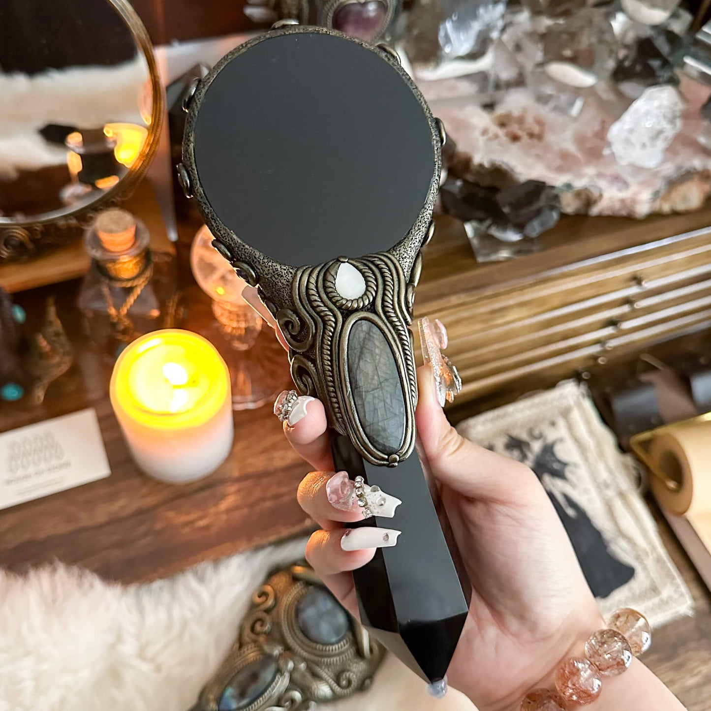Handmade Natural Black Obsidian Mirror/Magic Obsidian Witch Wand/Crystal Quartz Wand/Scrying Mirror Wand/Root Chakra/Manifest Altar Tool