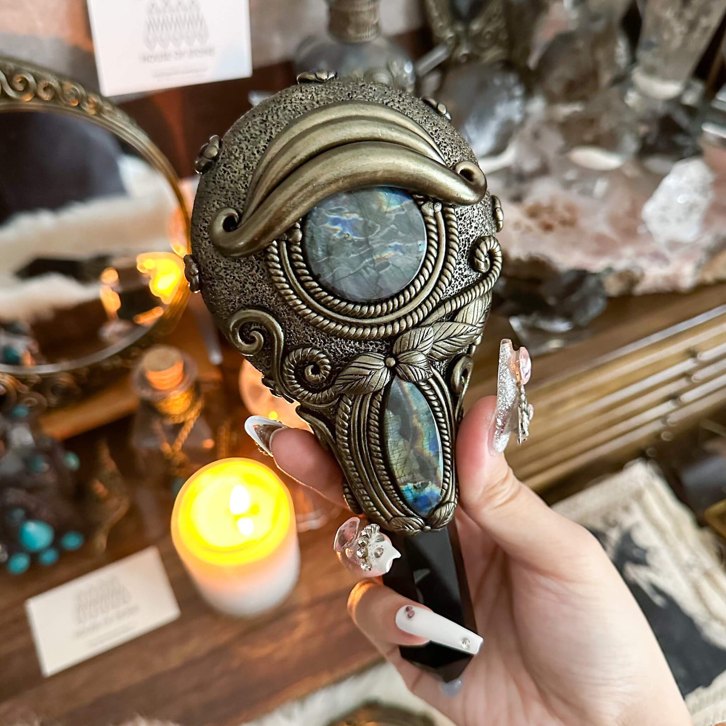 Handmade Natural Black Obsidian Mirror/Magic Obsidian Witch Wand/Crystal Quartz Wand/Scrying Mirror Wand/Root Chakra/Manifest Altar Tool