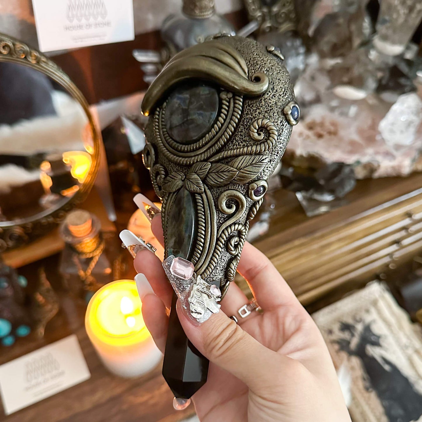 Handmade Natural Black Obsidian Mirror/Magic Obsidian Witch Wand/Crystal Quartz Wand/Scrying Mirror Wand/Root Chakra/Manifest Altar Tool