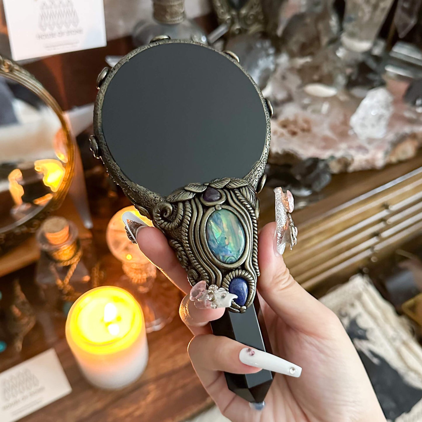 Handmade Natural Black Obsidian Mirror/Magic Obsidian Witch Wand/Crystal Quartz Wand/Scrying Mirror Wand/Root Chakra/Manifest Altar Tool