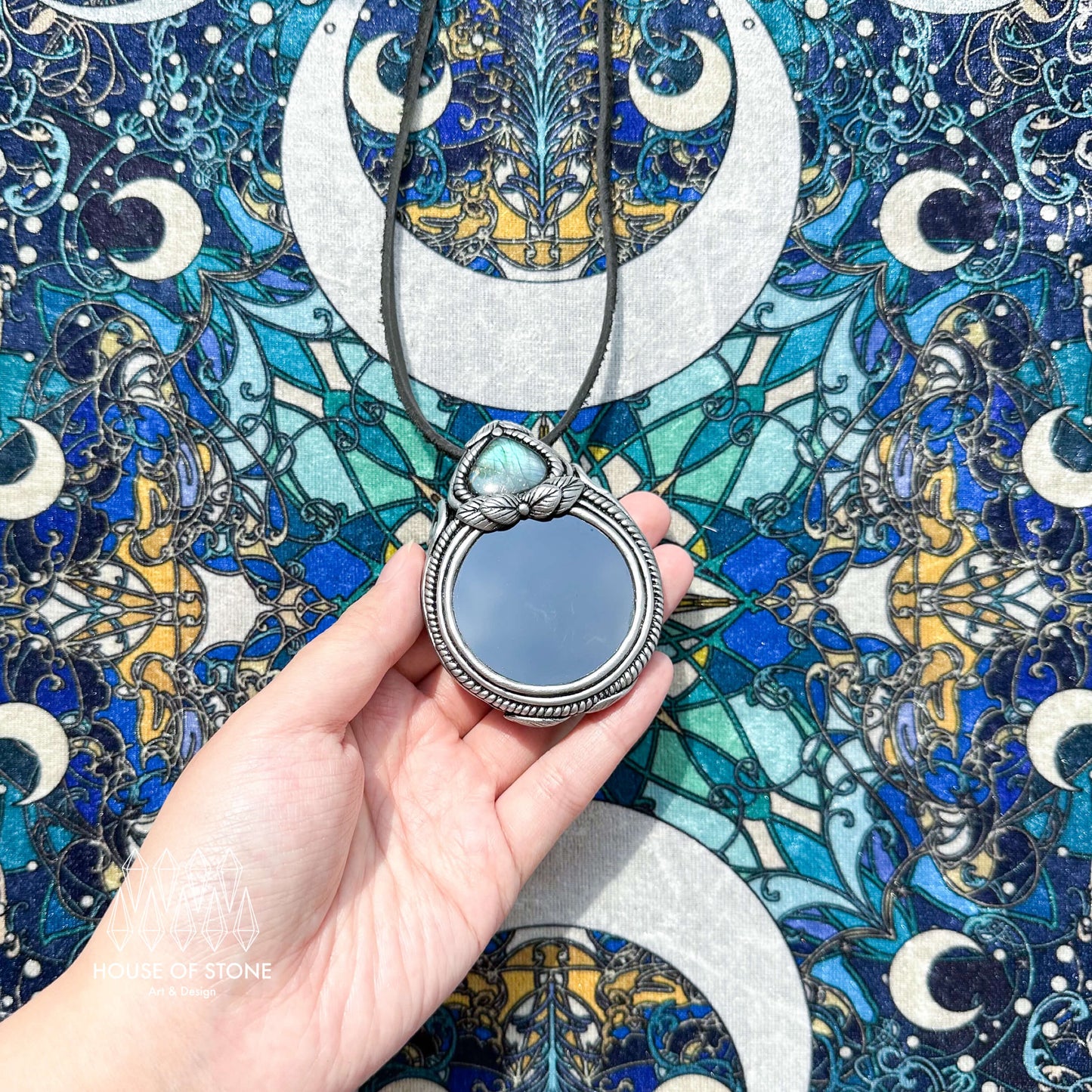 Natural Handmade Black Obsidian Pendant Necklace/Magic Obsidian Mirror Crystal Pendant/Scrying Mirror Labradorite Jewelry/Chakra/Altar Tool