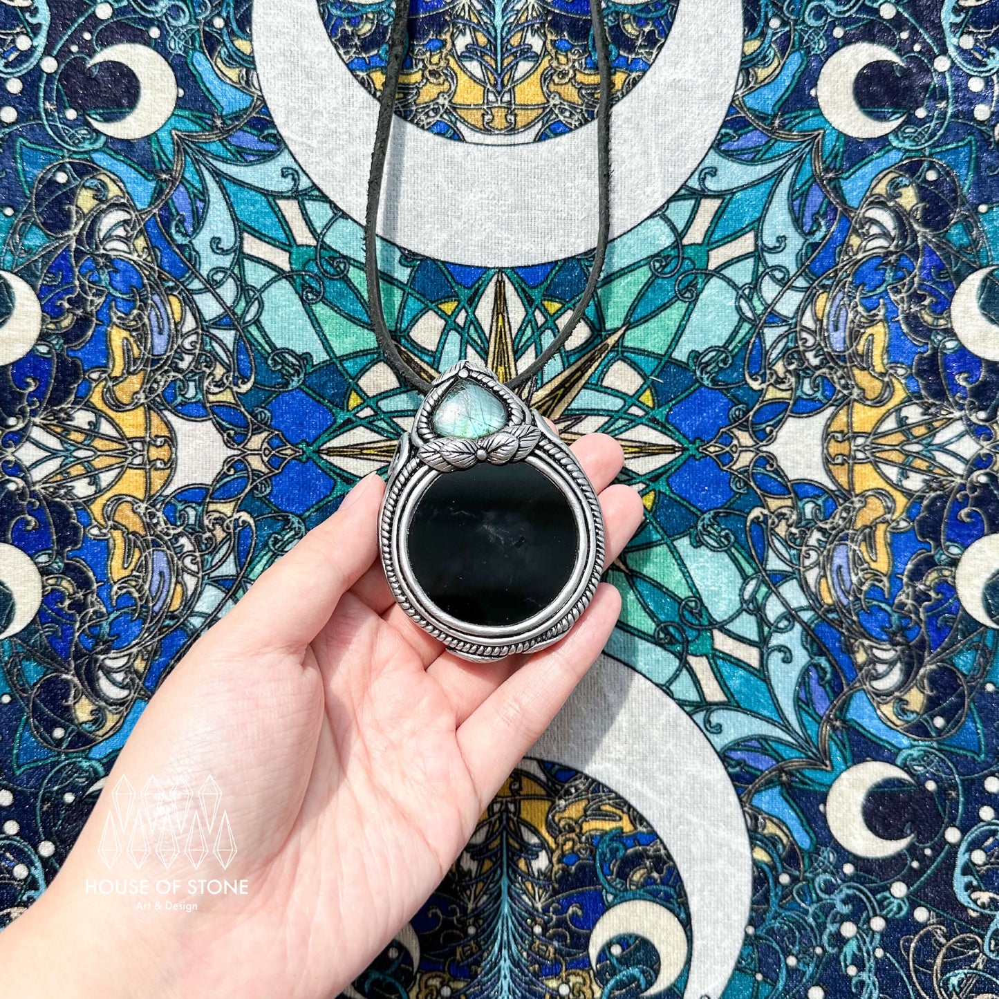 Natural Handmade Black Obsidian Pendant Necklace/Magic Obsidian Mirror Crystal Pendant/Scrying Mirror Labradorite Jewelry/Chakra/Altar Tool