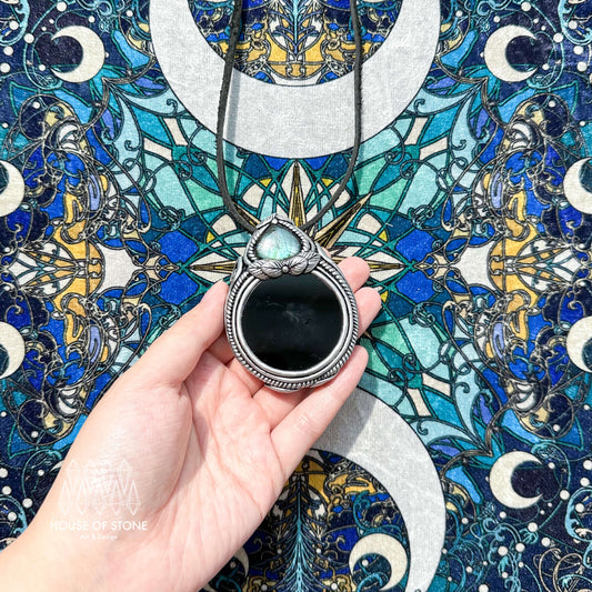 Natural Handmade Black Obsidian Pendant Necklace/Magic Obsidian Mirror Crystal Pendant/Scrying Mirror Labradorite Jewelry/Chakra/Altar Tool