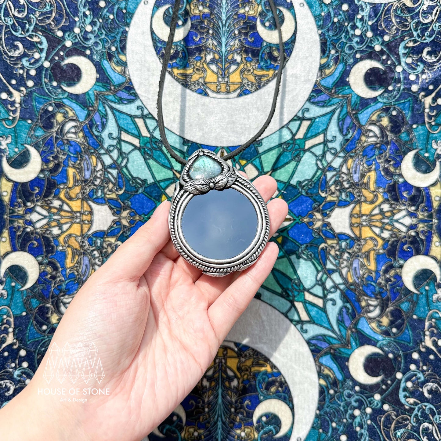 Natural Handmade Black Obsidian Pendant Necklace/Magic Obsidian Mirror Crystal Pendant/Scrying Mirror Labradorite Jewelry/Chakra/Altar Tool