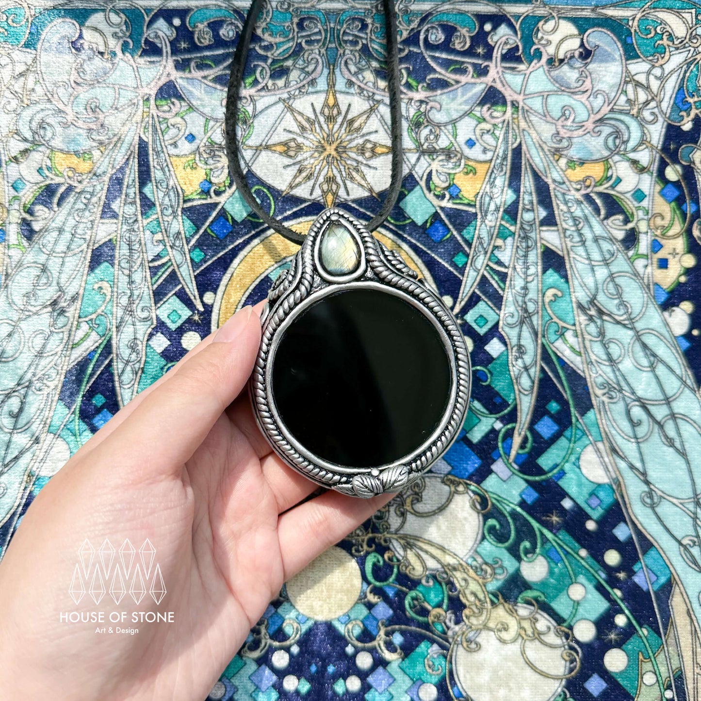 Natural Handmade Black Obsidian Pendant Necklace/Magic Obsidian Mirror Crystal Pendant/Scrying Mirror Labradorite Jewelry/Altar Tool