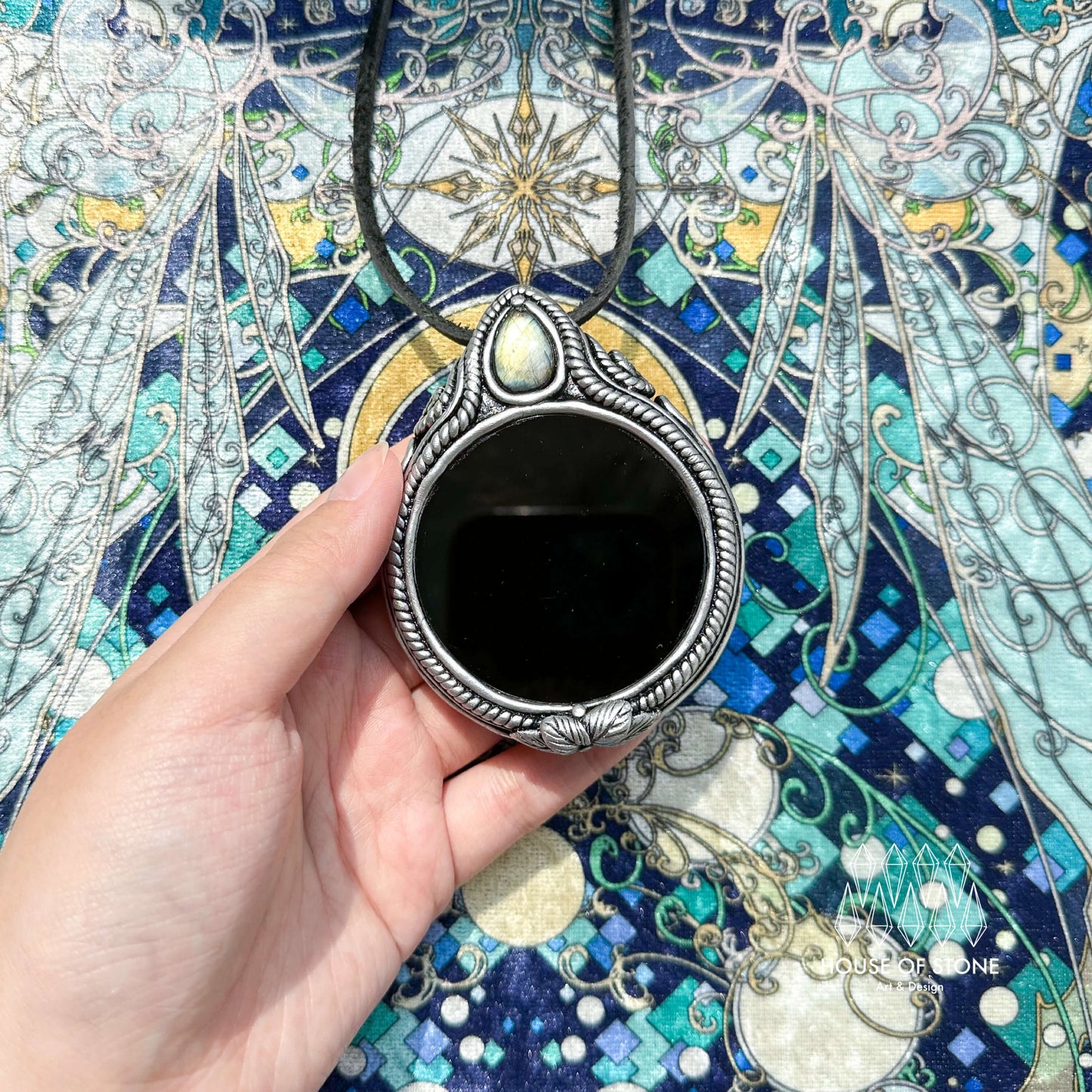 Natural Handmade Black Obsidian Pendant Necklace/Magic Obsidian Mirror Crystal Pendant/Scrying Mirror Labradorite Jewelry/Altar Tool