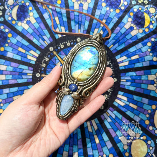 Natural Handmade Labradorite Pendant Necklace/Magic Moonstone Crystal Double-sided Pendant/Labradorite Jewelry/Chakra/Altar Tool