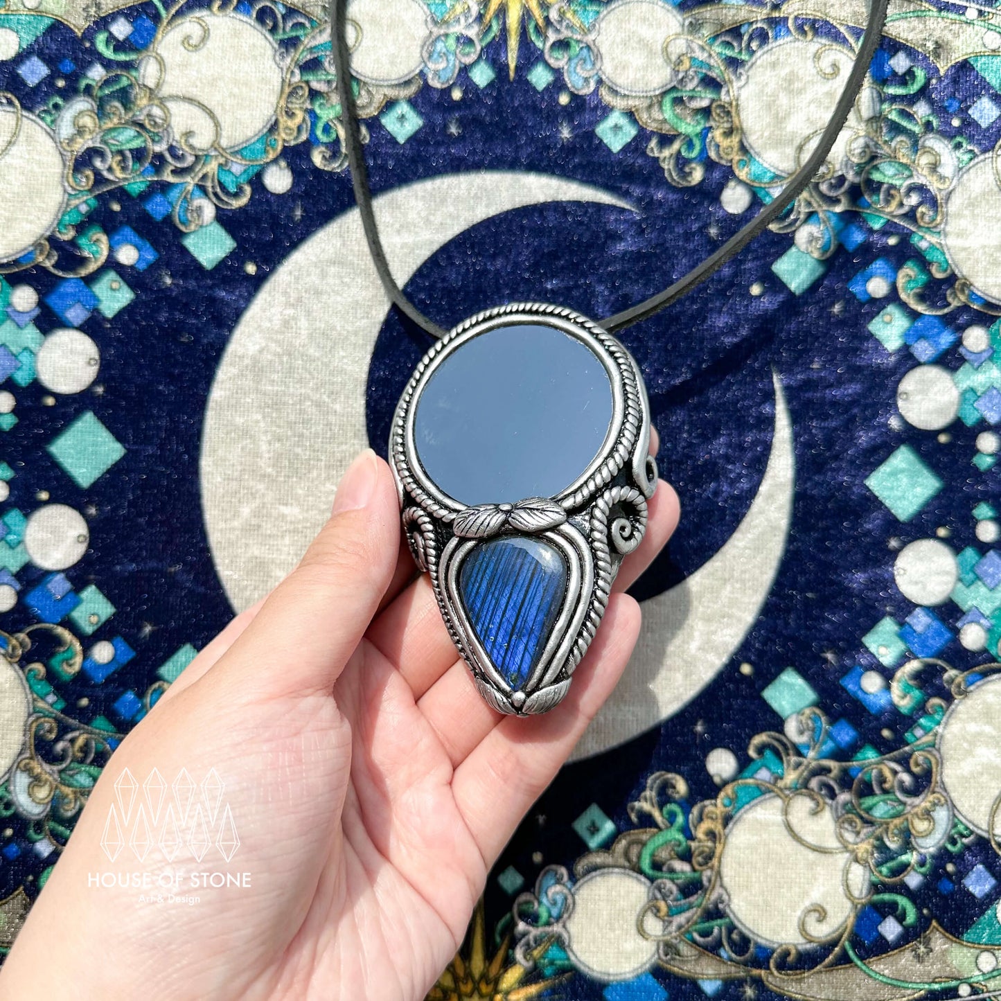 Natural Handmade Black Obsidian Pendant Necklace/Magic Obsidian Mirror Crystal Pendant/Scrying Mirror Labradorite Jewelry/Altar Tool