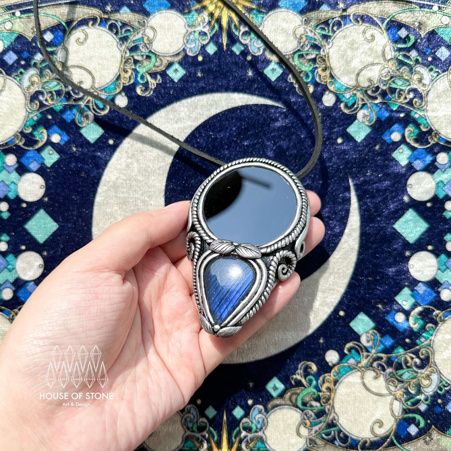 Natural Handmade Black Obsidian Pendant Necklace/Magic Obsidian Mirror Crystal Pendant/Scrying Mirror Labradorite Jewelry/Altar Tool