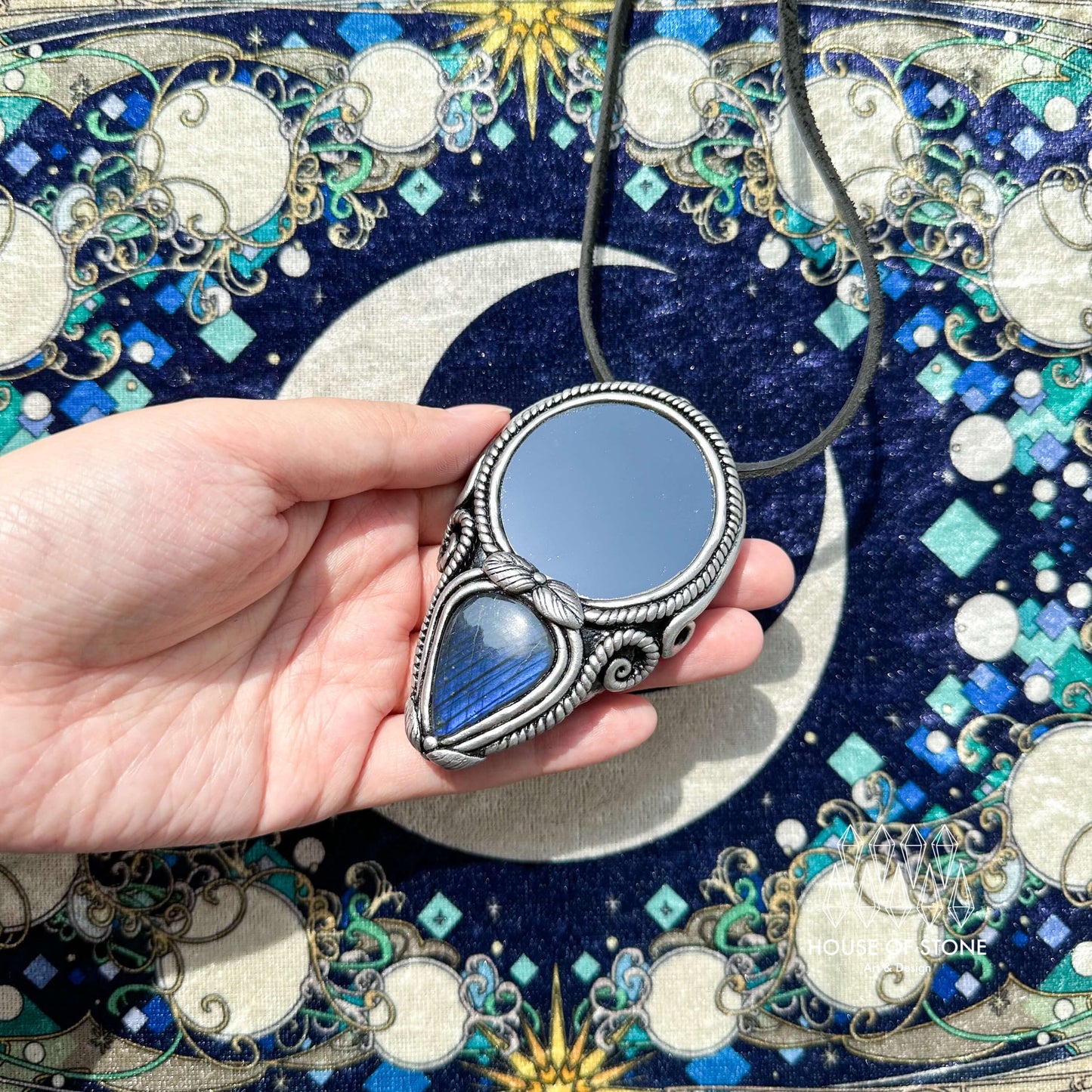 Natural Handmade Black Obsidian Pendant Necklace/Magic Obsidian Mirror Crystal Pendant/Scrying Mirror Labradorite Jewelry/Altar Tool