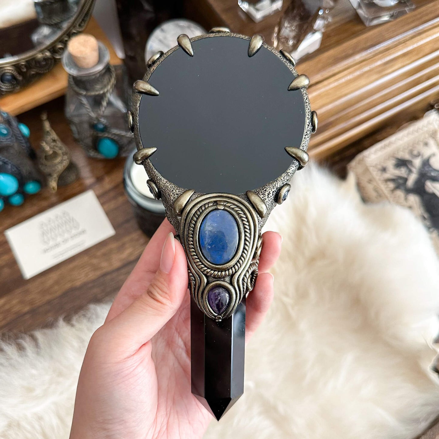 Handmade Natural Black Obsidian Mirror/Magic Obsidian Witch Wand/Crystal Quartz Wand/Scrying Mirror Wand/Root Chakra/Manifest Altar Tool